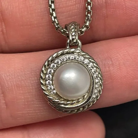 Authentic david yurman crossover pearl and diamonds pendant necklace - Picture 1 of 8